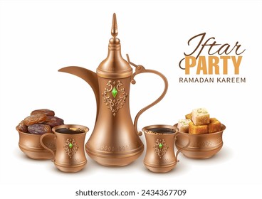 Ramadan Kareem background with Arabic coffee pot (dallah), dates and traditional sweets (halwa, lokum). Iftar time composition. Vector illustration.