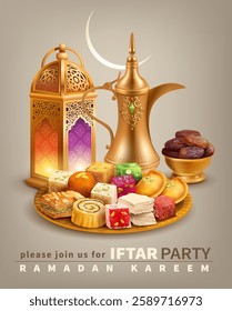 Ramadan Kareem background with Arabic coffee pot (dallah), lantern (fanoos) dates and large plate of sweets (qatayef, lokum, halwa, baklava). Iftar invitation. Vector.