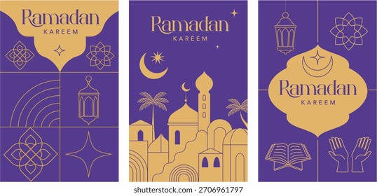 Ramadan Kareem Hintergrund im Art Deco Stil. Moderne islamische vertikale Grußkarte, Banner und Social Media Template Design. Linienkunst violett und gold Vektorgrafik.