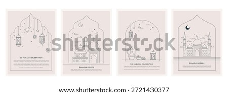 Ramadan Kareem background in Art Deco style. Modern Islamic vertical greeting card, banner and social media template design. line minimal style illustration
