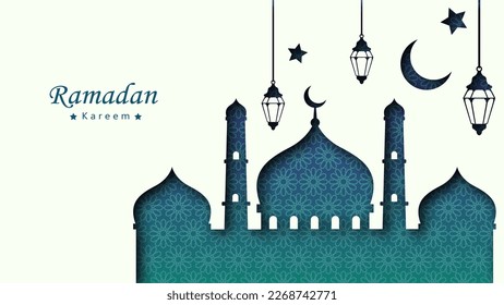 ramadan kareem background banner template in blue with paper cut style, islamic pattern background