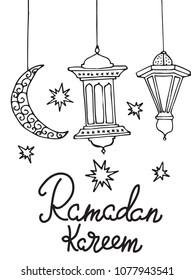 Ramadan Kareem background, beautiful greeting card. Hand drawn vector illustration with flashlights, moon, stars and lettering. Lamps, crescent, stars doodle elements.