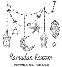 Ramadan Kareem background, beautiful greeting card. Hand drawn vector illustration. Lamps, crescent, stars doodle elements. 