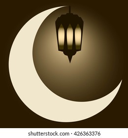 Ramadan Kareem Background beige moon with shining Lamp in the dark night. Lantern with title for holy month of muslim community Ramadan Kareem. Ramadan card. Ramadan art. Ramadan poster.
