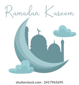 Ramadan Kareem background with clouds, mosque silhouette and crescent moon