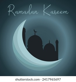 Ramadan Kareem background with clouds, mosque silhouette and crescent moon