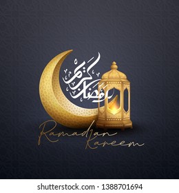 Ramadan kareem background with a combination of gold lanterns, arabic calligraphy and golden crescent moon. Islamic backgrounds for posters, banners, greeting cards and more.