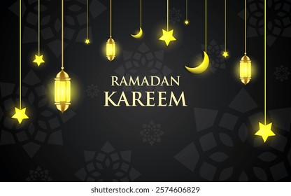 Ramadan kareem background with a combination of lanterns, crescent moon and arabic calligraphy. Islamic background for posters, banners, greeting cards and more.