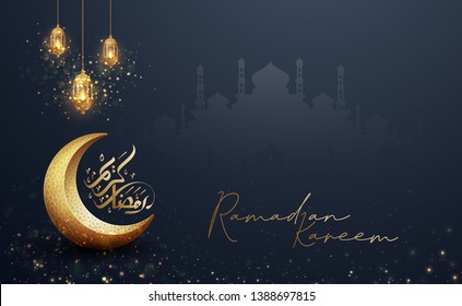 Ramadan kareem background with a combination of shining hanging gold lanterns, arabic calligraphy, mosque and golden crescent moon. Islamic backgrounds for posters, banners, greeting cards and more.