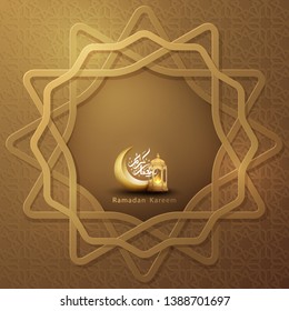 Ramadan kareem background with a combination of shining gold lanterns, geometric pattern, crescent moon and arabic calligraphy. Islamic backgrounds for posters, banners, greeting cards and more.