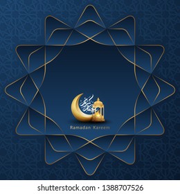 Ramadan kareem background with a combination of shining gold lanterns, geometric pattern, crescent moon and arabic calligraphy. Islamic backgrounds for posters, banners, greeting cards and more.