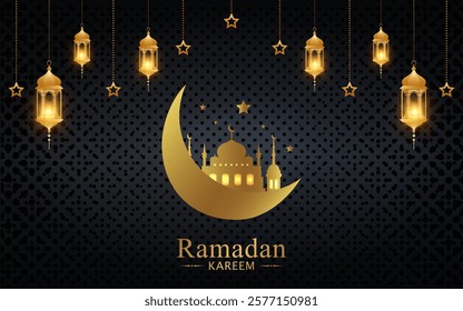 Ramadan kareem background with a combination of shining hanging gold lanterns, stars, mosque and golden crescent moon. Islamic background for poster, banner, greeting card and more.