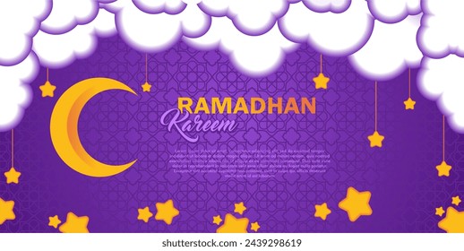 ramadan kareem background concept horizontal banner with islamic geometric patterns. stars moon and clouds on night sky background. place for text