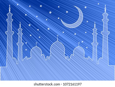 Ramadan Kareem Background. Crescent Moon and Mosque Silhouette. Vector Illustration