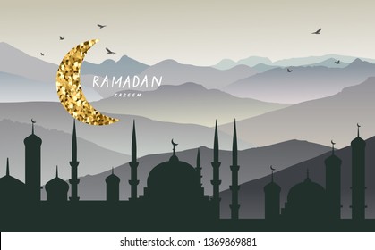 Ramadan Kareem background with crescent, moon, mountains and mosque. Ramadan mubarak greeting card, poster, invitation for muslim. Mosque silhouette vector illustration