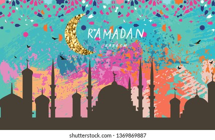 Ramadan Kareem background with crescent, moon and mosque
  and mosaic. Ramadan mubarak greeting card, poster, invitation for muslim
