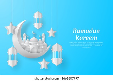Ramadan kareem background with crescent moon, arabic lantern, mosque, and star. Paper cut style. Vector Illustration