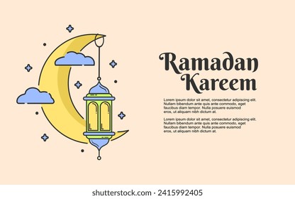 Fondo de kareem de Ramadán con ornamento de luna creciente, linternas colgantes, nubes y salpicaduras de estrellas, ilustración vectorial. Adecuado para el uso de publicaciones en medios sociales, tarjetas de felicitación con temática de Ramadán. 