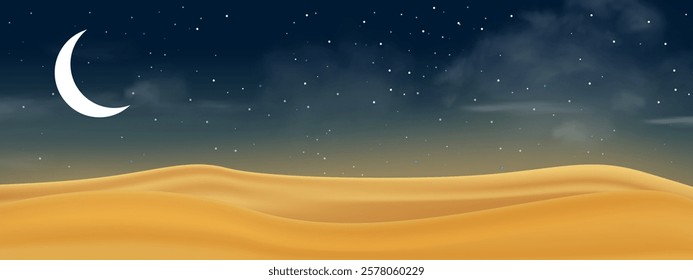 Ramadan Kareem Background with Crescent Moon, Stars with Twilight Sky, Night Sky, Festive Greeting Vector to symbolize Muslim culture.