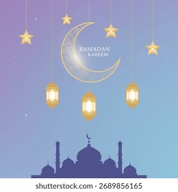 Ramadan Kareem Background with Crescent Moon, Lanterns and Mosque Silhouette