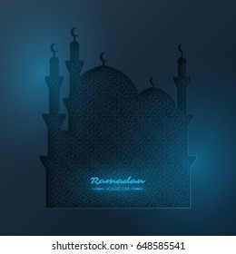 Ramadan Kareem background in cut paper style. Mosque with traditional islamic pattern. Dark blue color with glowing light. Vector illustration.