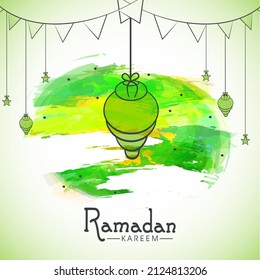 Ramadan Kareem background decorated with hand drawn hanging lamps, stars and buntings on abstract watercolor brush strokes.