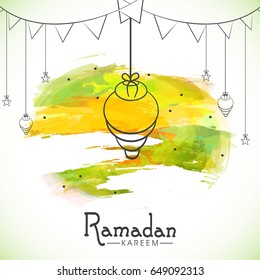 Ramadan Kareem background decorated with hand drawn hanging lamps, stars and buntings on abstract watercolor brush strokes.