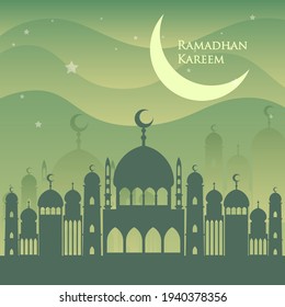 Ramadan Kareem Background With Decorative Moon and Mosque Silhouette. Night landscape wallpaper with mosques. Purple Islamic background ramadhan kareem. eid mubarak background