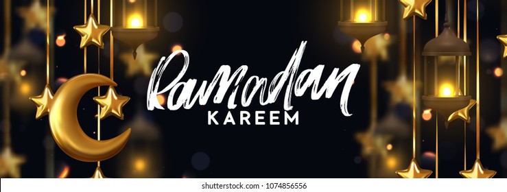 Ramadan kareem. Background design is arabian vintage decorative hanging lamp with bokeh. Decoration light lantern, gold stars on ribbon and golden crescent moon. Hand lettering white color