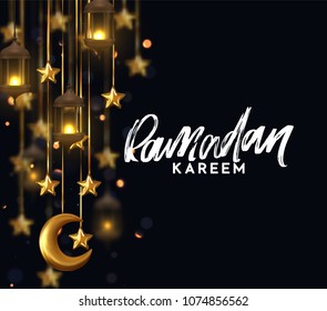 Ramadan kareem. Background design is arabian vintage decorative hanging lamp with bokeh. Decoration light lantern, gold stars on ribbon and golden crescent moon. Hand lettering white color