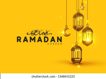 Ramadan kareem. Background design is arabian vintage decorative hanging lamp are on fire. Decoration light lantern, gold stars on ribbon and golden crescent moon. Hand lettering black color