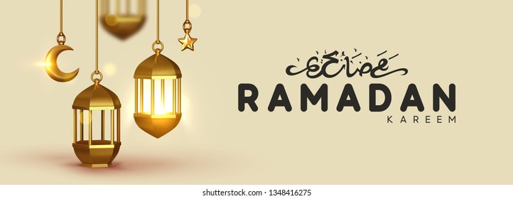Ramadan kareem. Background design is arabian vintage decorative hanging lamp are on fire. Decoration light lantern, gold stars on ribbon and golden crescent moon. Hand lettering black color