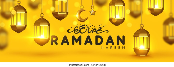 Ramadan kareem. Background design is arabian vintage decorative hanging lamp are on fire. Decoration light lantern, gold stars on ribbon and golden crescent moon. Hand lettering black color