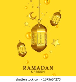 Ramadan Kareem. Background design is arabian vintage decorative hanging lamp with glitter confetti. Decoration light lantern, gold stars and golden crescent moon. vector illustration