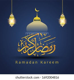 Ramadan Kareem background design. beautiful golden calligraphic , lantern and mosque dome