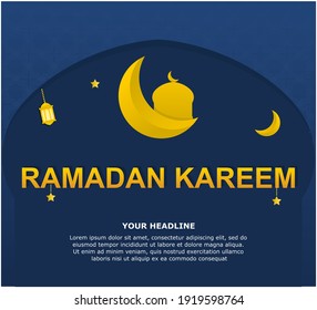 Diseño de fondo de Ramadan Kareem con color azul y adorno de mezquita para banner y publicidad islámicos modernos