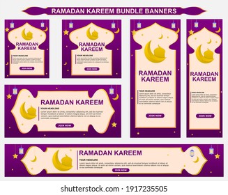 Ramadan Kareem background design collection with purple color for modern Islamic banners and advertisements, ied mubarak celebrations, fasting.
