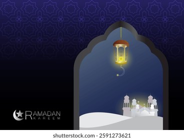 Ramadan Kareem background design lantern in front of mosque.