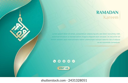 Ramadan kareem background design in light sea green and gold lines with arabic calligraphy. Arabic text mean is ramadan kareem. Islamic background in green and gold design