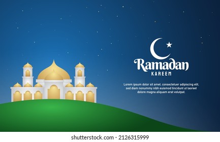 Ramadan Kareem Background Design. Mosque Illustration on Blue Background. Vector Illustration.