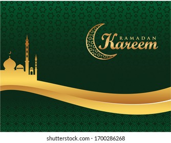 ramadan kareem background with dome of the moon and star mosque and fancy lines on a green background