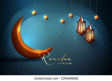 Ramadan Kareem background. Eid Mubarak islamic design with crescent moon copper arabic lantern