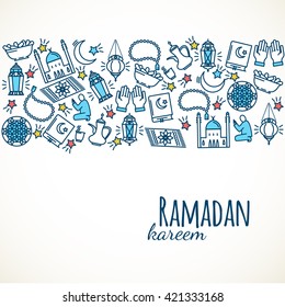 Ramadan Kareem background. Eid Mubarak. Arabians line icons set. Vector illustration 