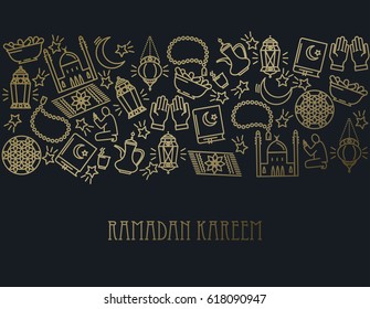 Ramadan Kareem background. Eid Mubarak. Arabians line icons set.  Vector design template for greetings card, poster, banner, invitation. 