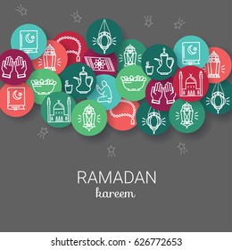Ramadan Kareem background. Eid Mubarak. Arabians line icons set.  Vector design template for greetings card, poster, banner, invitation. 