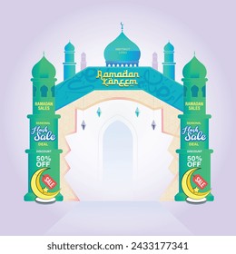 Ramadan kareem background  entrance arch of editable vector design with arabic pattern for shopping event and promotions