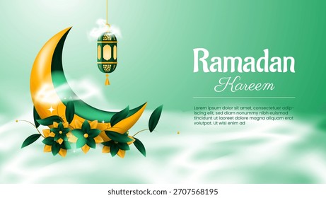 O fundo do kareem do Ramadã apresenta lua, flores e lanterna. Ideal para designs festivos, postagens em mídias sociais e celebrações muçulmanas.