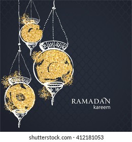 Antecedentes de Ramadán kareem. Lámparas arabicas brillantes festivas. Tarjeta de felicitación o diseño de invitación. Ilustración vectorial.