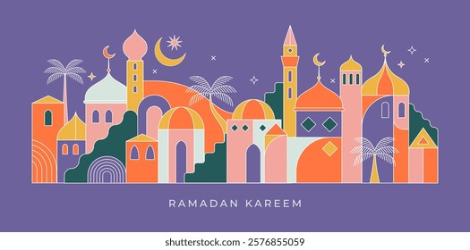 Ramadan Kareem background in flat geometric style. Modern linear Islamic greeting card template and wallpaper design. Poster and media banner vector illustration