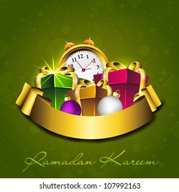 Ramadan Kareem background with gift boxes and clock with golden ribbon. EPS 10.